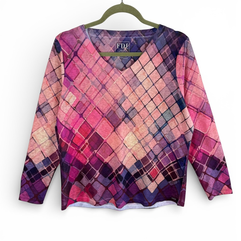 FDJ French Dressing Jeans Womens Large Pink Purple Geometric Mosaic V-Neck Top